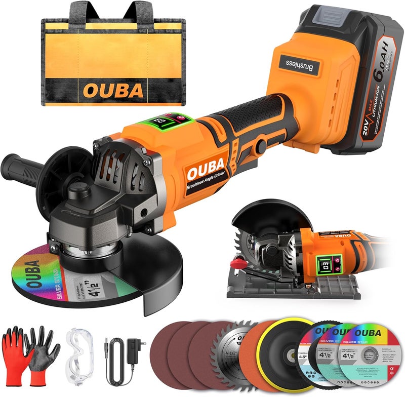 OUBA Cordless Angle Grinder Compatible for Dewalt 20V Max Battery, 3 Variable Speed, Brushless Motor with LED, Power Angle Grinder Tool Stand, Flap Disc Grinding,1x 4.0Ah Battery& Fast Charger, Orange - Image 1